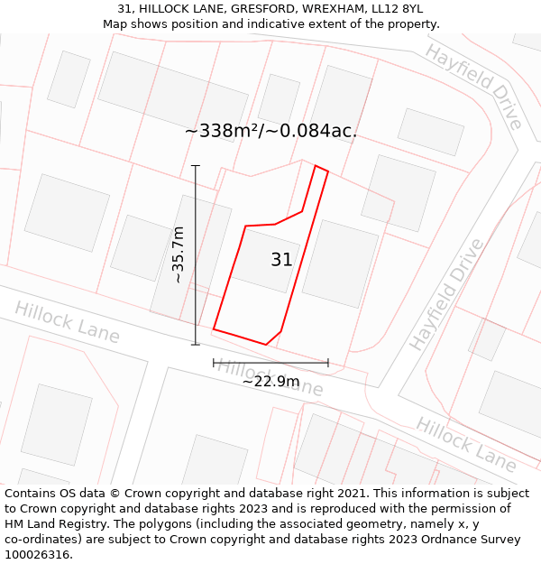 31, HILLOCK LANE, GRESFORD, WREXHAM, LL12 8YL: Plot and title map