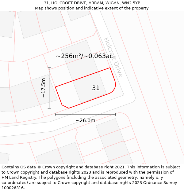 31, HOLCROFT DRIVE, ABRAM, WIGAN, WN2 5YP: Plot and title map
