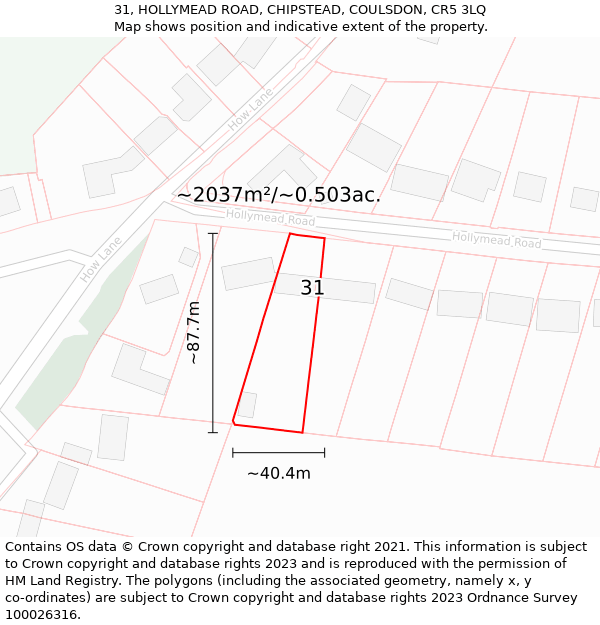 31, HOLLYMEAD ROAD, CHIPSTEAD, COULSDON, CR5 3LQ: Plot and title map