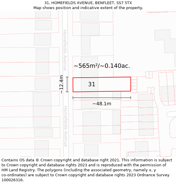 31, HOMEFIELDS AVENUE, BENFLEET, SS7 5TX: Plot and title map