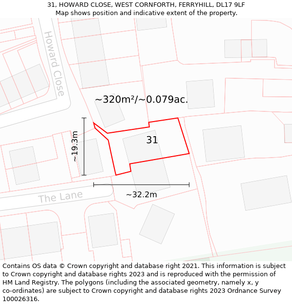 31, HOWARD CLOSE, WEST CORNFORTH, FERRYHILL, DL17 9LF: Plot and title map