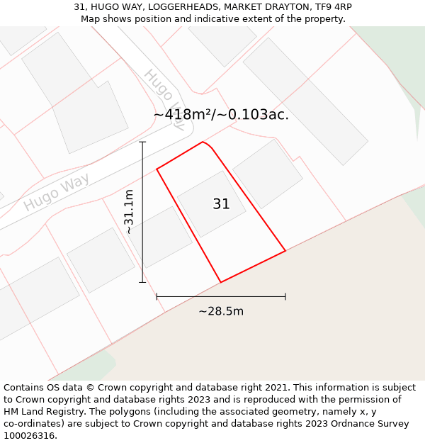 31, HUGO WAY, LOGGERHEADS, MARKET DRAYTON, TF9 4RP: Plot and title map