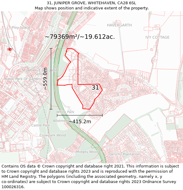 31, JUNIPER GROVE, WHITEHAVEN, CA28 6SL: Plot and title map