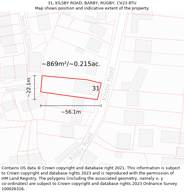 31, KILSBY ROAD, BARBY, RUGBY, CV23 8TU: Plot and title map