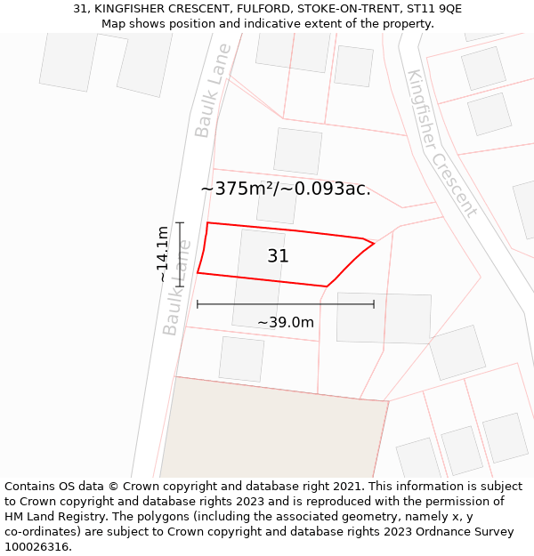 31, KINGFISHER CRESCENT, FULFORD, STOKE-ON-TRENT, ST11 9QE: Plot and title map