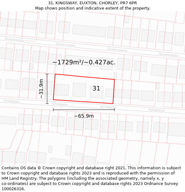 31, KINGSWAY, EUXTON, CHORLEY, PR7 6PR: Plot and title map