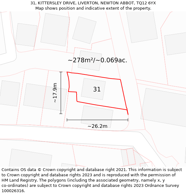 31, KITTERSLEY DRIVE, LIVERTON, NEWTON ABBOT, TQ12 6YX: Plot and title map