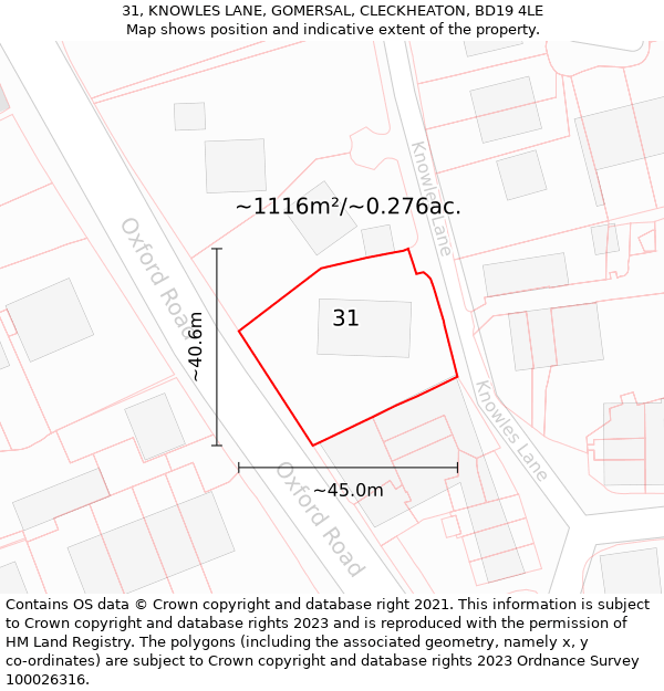 31, KNOWLES LANE, GOMERSAL, CLECKHEATON, BD19 4LE: Plot and title map