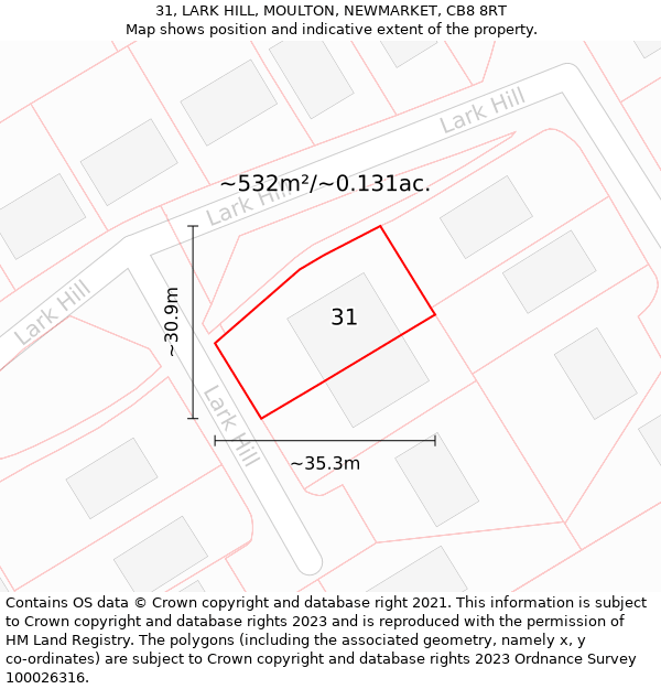 31, LARK HILL, MOULTON, NEWMARKET, CB8 8RT: Plot and title map