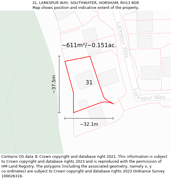 31, LARKSPUR WAY, SOUTHWATER, HORSHAM, RH13 9GR: Plot and title map