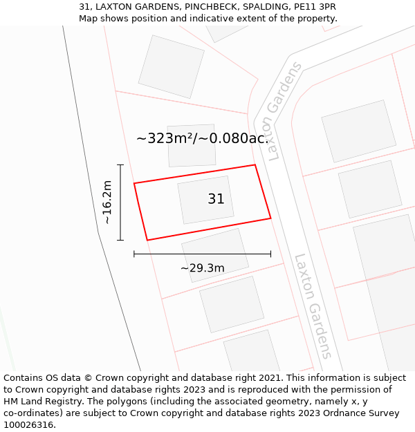 31, LAXTON GARDENS, PINCHBECK, SPALDING, PE11 3PR: Plot and title map