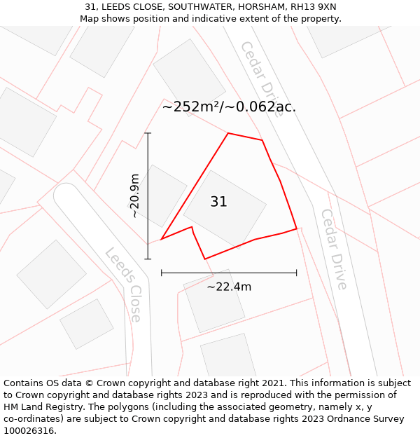 31, LEEDS CLOSE, SOUTHWATER, HORSHAM, RH13 9XN: Plot and title map