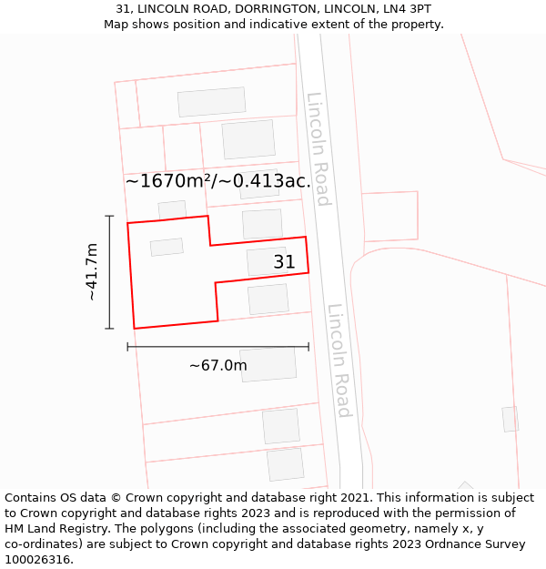 31, LINCOLN ROAD, DORRINGTON, LINCOLN, LN4 3PT: Plot and title map