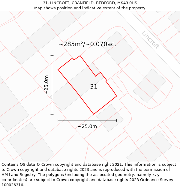 31, LINCROFT, CRANFIELD, BEDFORD, MK43 0HS: Plot and title map