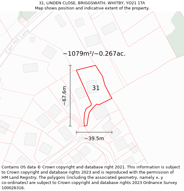 31, LINDEN CLOSE, BRIGGSWATH, WHITBY, YO21 1TA: Plot and title map