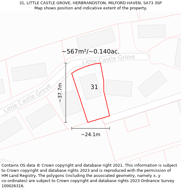 31, LITTLE CASTLE GROVE, HERBRANDSTON, MILFORD HAVEN, SA73 3SP: Plot and title map