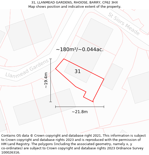 31, LLANMEAD GARDENS, RHOOSE, BARRY, CF62 3HX: Plot and title map