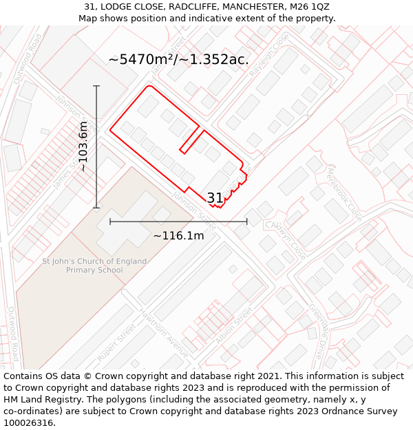 31, LODGE CLOSE, RADCLIFFE, MANCHESTER, M26 1QZ: Plot and title map