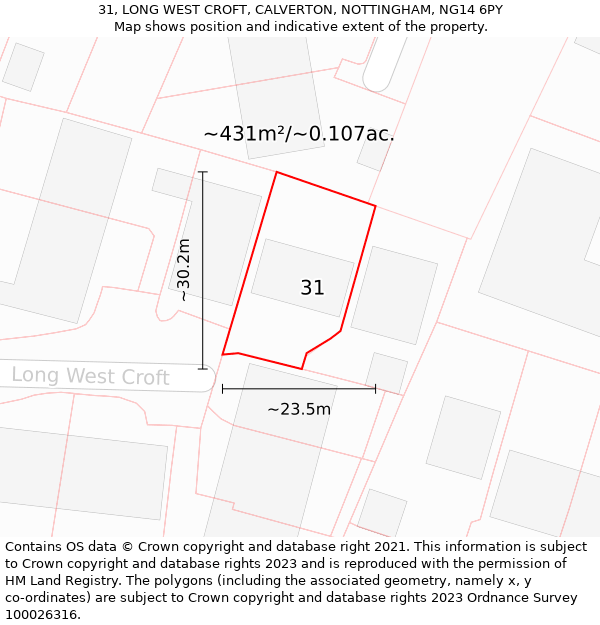 31, LONG WEST CROFT, CALVERTON, NOTTINGHAM, NG14 6PY: Plot and title map