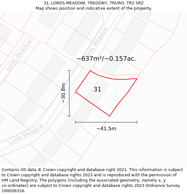 31, LORDS MEADOW, TREGONY, TRURO, TR2 5RZ: Plot and title map