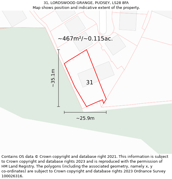 31, LORDSWOOD GRANGE, PUDSEY, LS28 8FA: Plot and title map