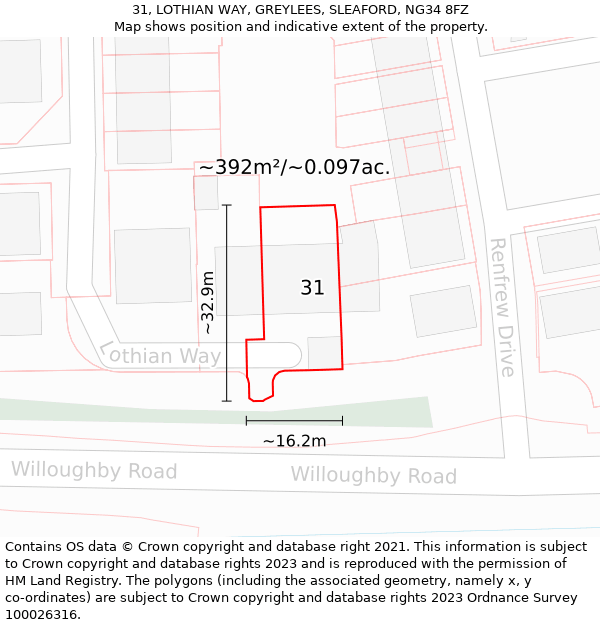 31, LOTHIAN WAY, GREYLEES, SLEAFORD, NG34 8FZ: Plot and title map