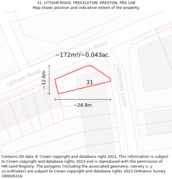 31, LYTHAM ROAD, FRECKLETON, PRESTON, PR4 1AB: Plot and title map