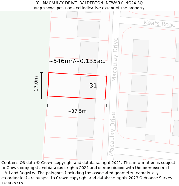 31, MACAULAY DRIVE, BALDERTON, NEWARK, NG24 3QJ: Plot and title map