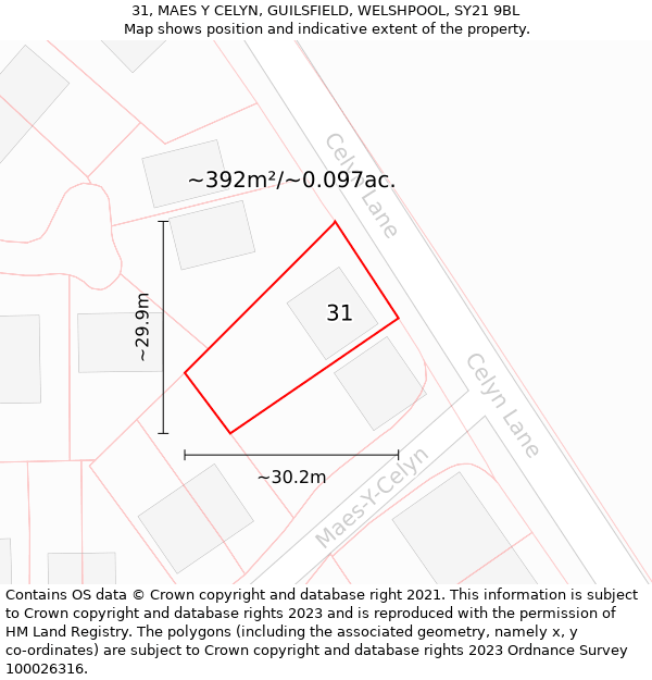 31, MAES Y CELYN, GUILSFIELD, WELSHPOOL, SY21 9BL: Plot and title map