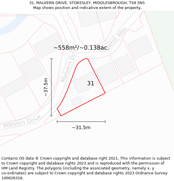 31, MALVERN DRIVE, STOKESLEY, MIDDLESBROUGH, TS9 5NS: Plot and title map