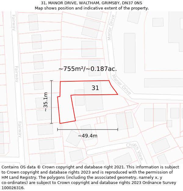 31, MANOR DRIVE, WALTHAM, GRIMSBY, DN37 0NS: Plot and title map