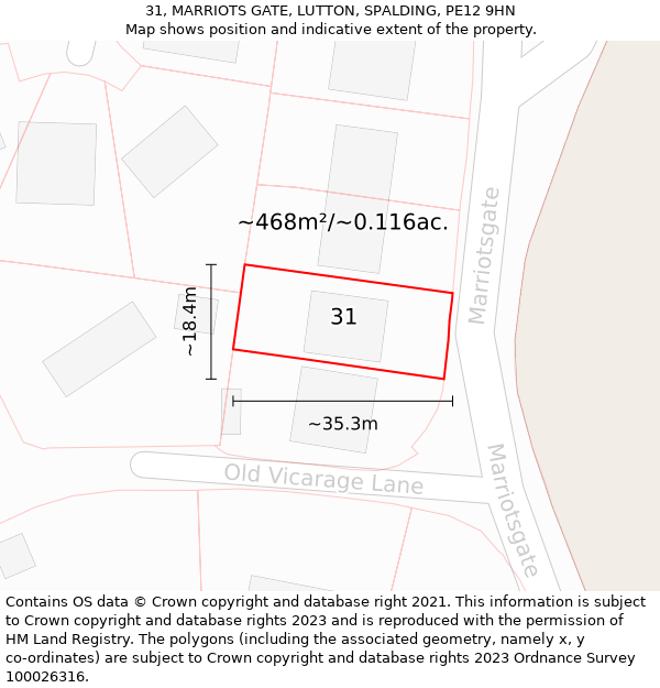 31, MARRIOTS GATE, LUTTON, SPALDING, PE12 9HN: Plot and title map