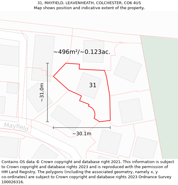 31, MAYFIELD, LEAVENHEATH, COLCHESTER, CO6 4US: Plot and title map