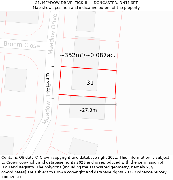 31, MEADOW DRIVE, TICKHILL, DONCASTER, DN11 9ET: Plot and title map