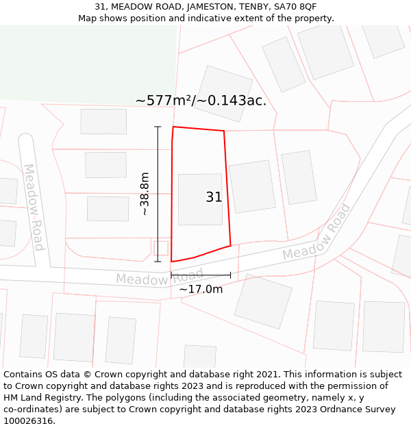 31, MEADOW ROAD, JAMESTON, TENBY, SA70 8QF: Plot and title map