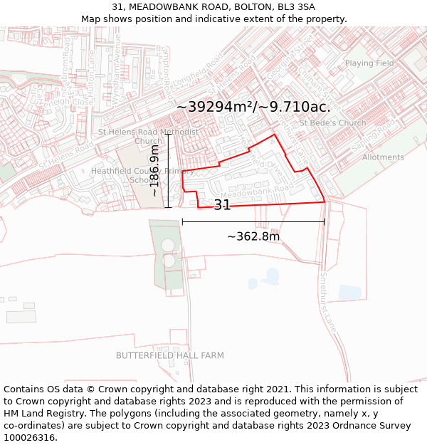 31, MEADOWBANK ROAD, BOLTON, BL3 3SA: Plot and title map