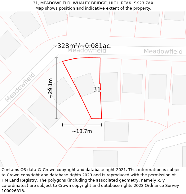 31, MEADOWFIELD, WHALEY BRIDGE, HIGH PEAK, SK23 7AX: Plot and title map