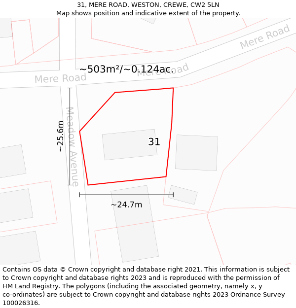 31, MERE ROAD, WESTON, CREWE, CW2 5LN: Plot and title map