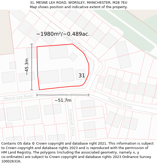 31, MESNE LEA ROAD, WORSLEY, MANCHESTER, M28 7EU: Plot and title map