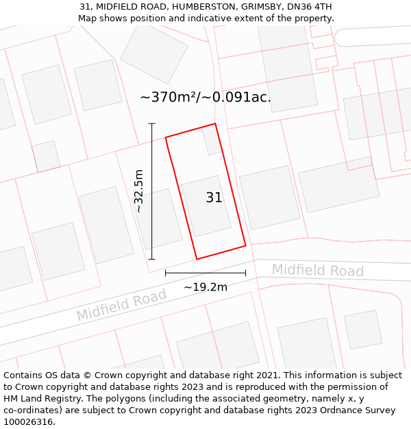 31, MIDFIELD ROAD, HUMBERSTON, GRIMSBY, DN36 4TH: Plot and title map