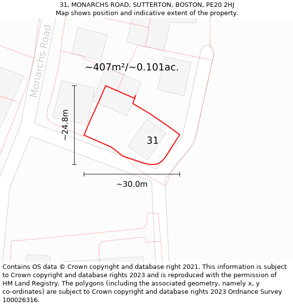 31, MONARCHS ROAD, SUTTERTON, BOSTON, PE20 2HJ: Plot and title map