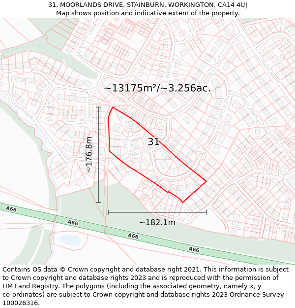 31, MOORLANDS DRIVE, STAINBURN, WORKINGTON, CA14 4UJ: Plot and title map