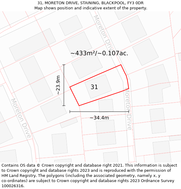 31, MORETON DRIVE, STAINING, BLACKPOOL, FY3 0DR: Plot and title map