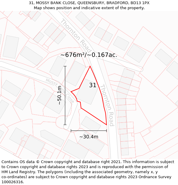 31, MOSSY BANK CLOSE, QUEENSBURY, BRADFORD, BD13 1PX: Plot and title map