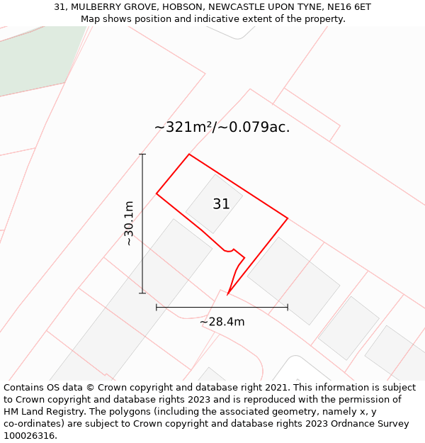 31, MULBERRY GROVE, HOBSON, NEWCASTLE UPON TYNE, NE16 6ET: Plot and title map