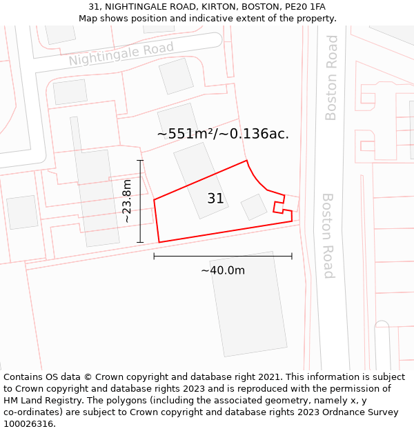 31, NIGHTINGALE ROAD, KIRTON, BOSTON, PE20 1FA: Plot and title map