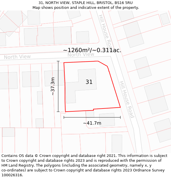 31, NORTH VIEW, STAPLE HILL, BRISTOL, BS16 5RU: Plot and title map