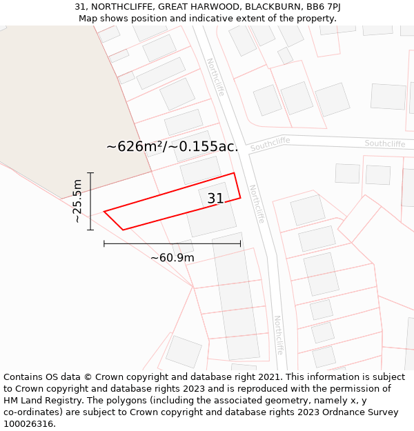 31, NORTHCLIFFE, GREAT HARWOOD, BLACKBURN, BB6 7PJ: Plot and title map