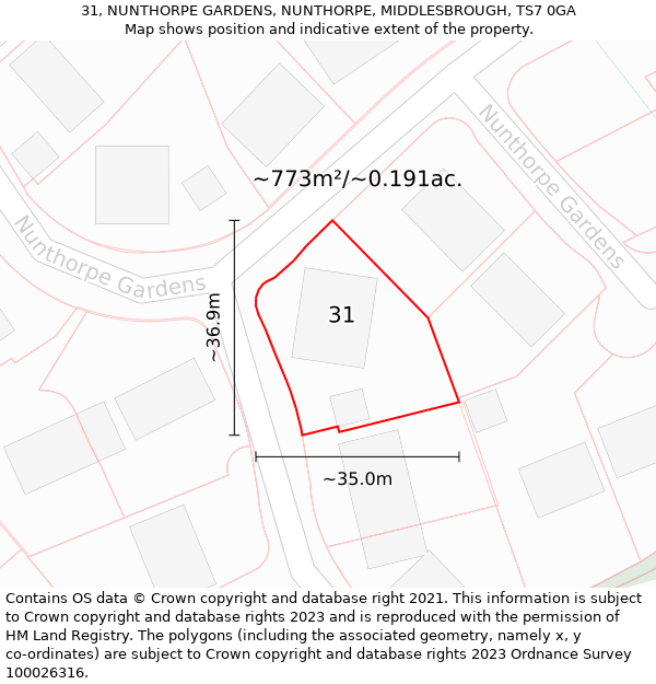 31, NUNTHORPE GARDENS, NUNTHORPE, MIDDLESBROUGH, TS7 0GA: Plot and title map