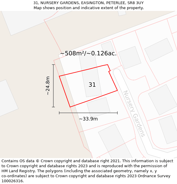 31, NURSERY GARDENS, EASINGTON, PETERLEE, SR8 3UY: Plot and title map